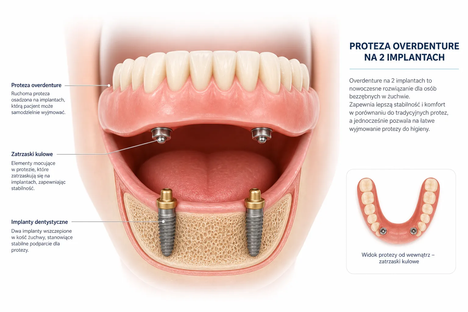 Ilustracja protezy overdenture na implantach