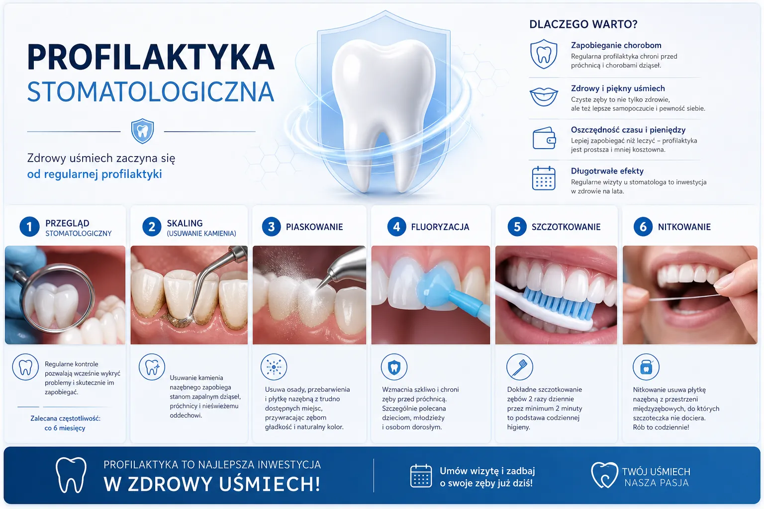 Infografika przedstawiająca elementy profilaktyki stomatologicznej